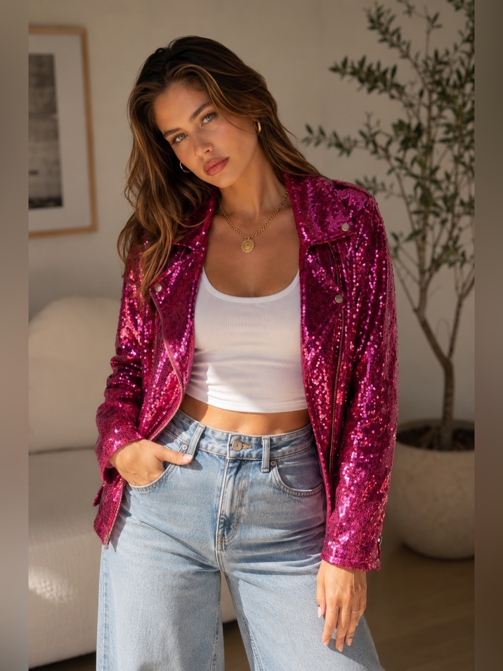 Make Way for Sequin Moto Jacket in Fuchsia